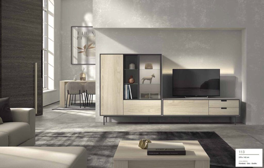 Mueble para tu salón con bajo tv completo y vitrina de gran capacidad en color montana y gris
