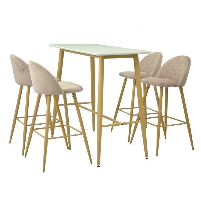 Mesa alta 120 x 60 cm con patas de metal en color madera clara y encimera blanca, con taburetes altos de respaldo tapizado