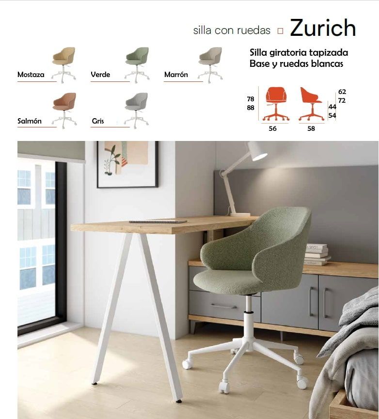 Silla giratoria oficina Zurich tapizada respaldo redondo con la base y las ruedas blancas