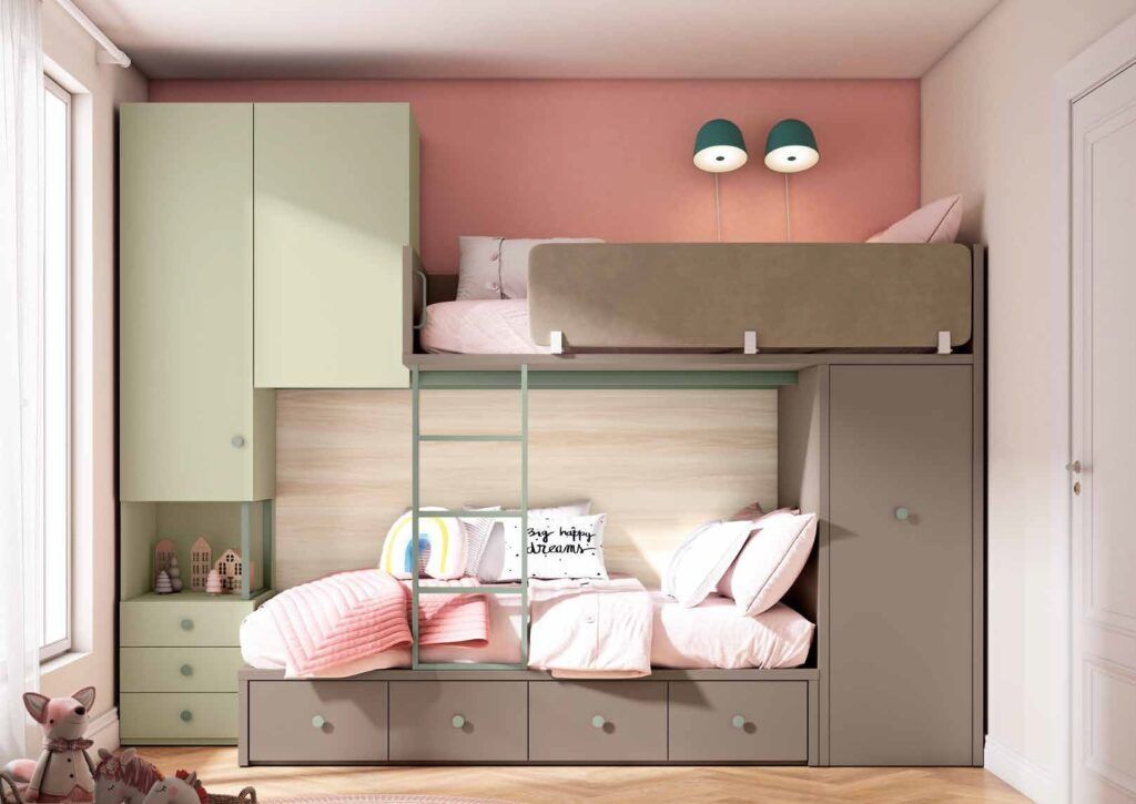 cama tren con armarios altos, mesilla integrada en color cacao y verde claro