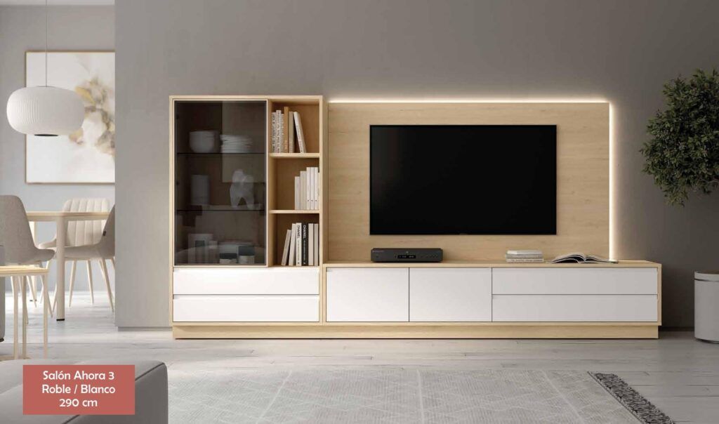 mueble de salón con panel retro-iluminado y vitrina con cajones