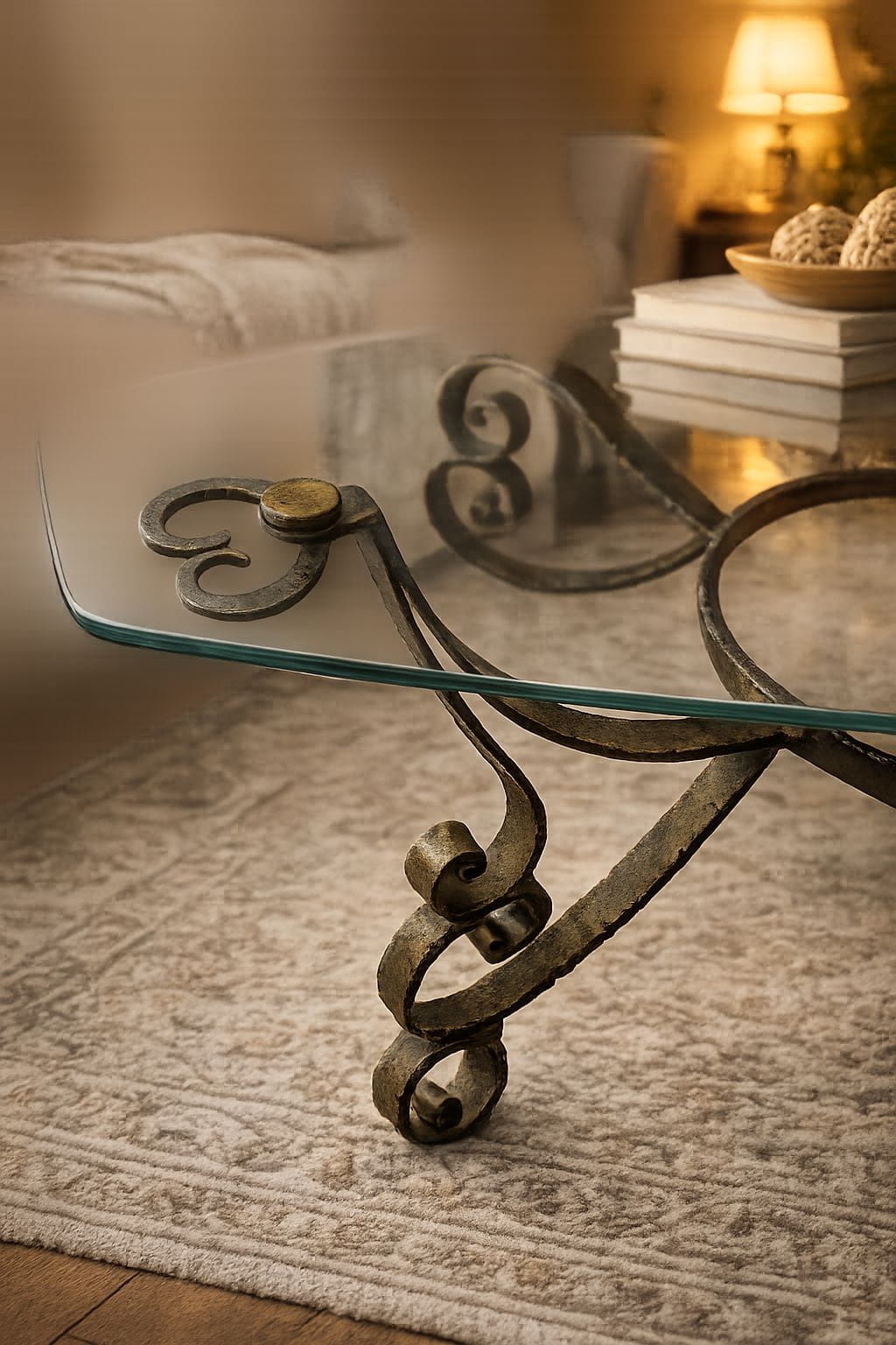 Mesa de centro con patas de forja y cristal transparente