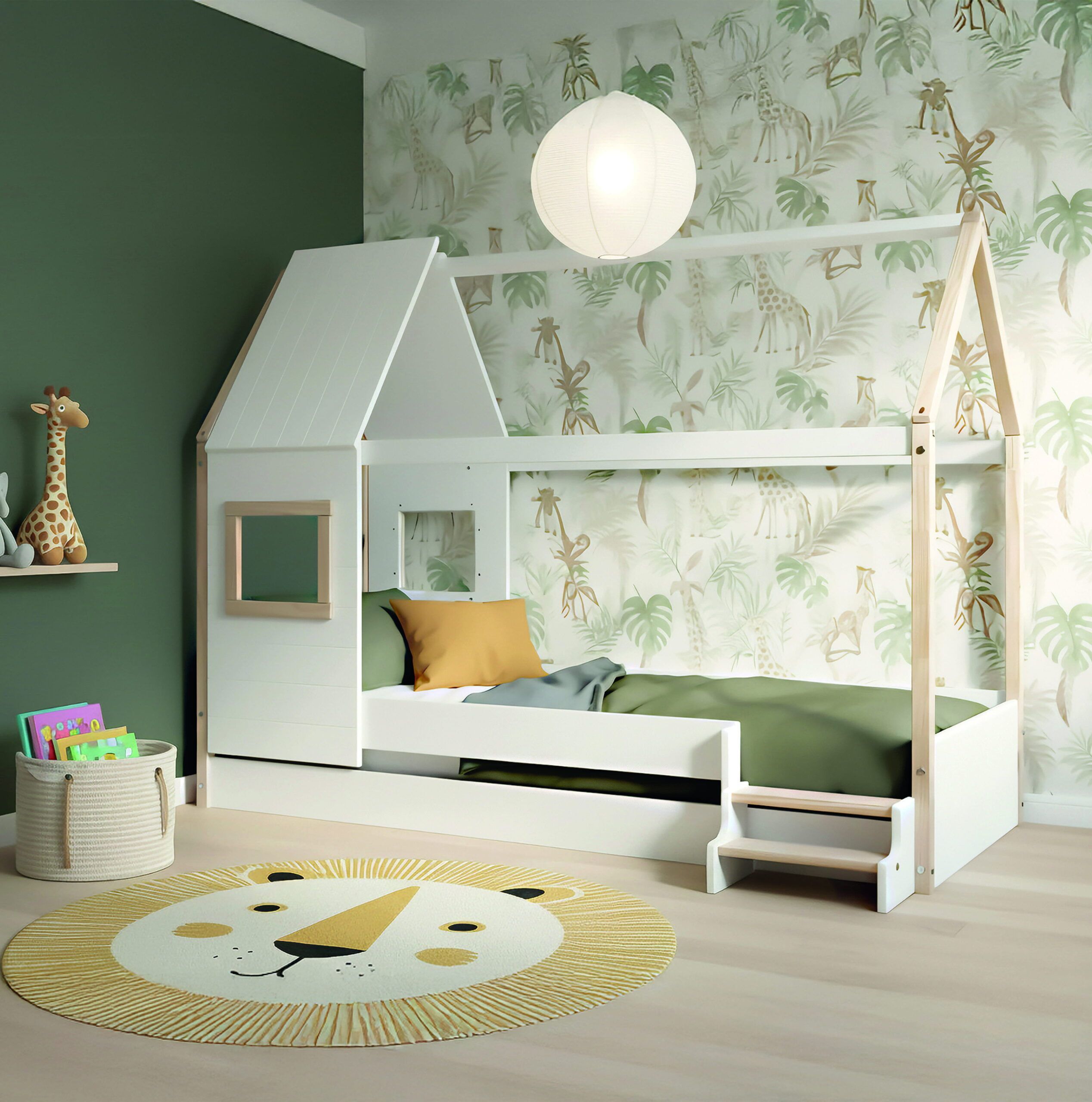 Cama casita con escalones, cama infantil techo madera, cama motricidad niños, dormitorio infantil aventura.