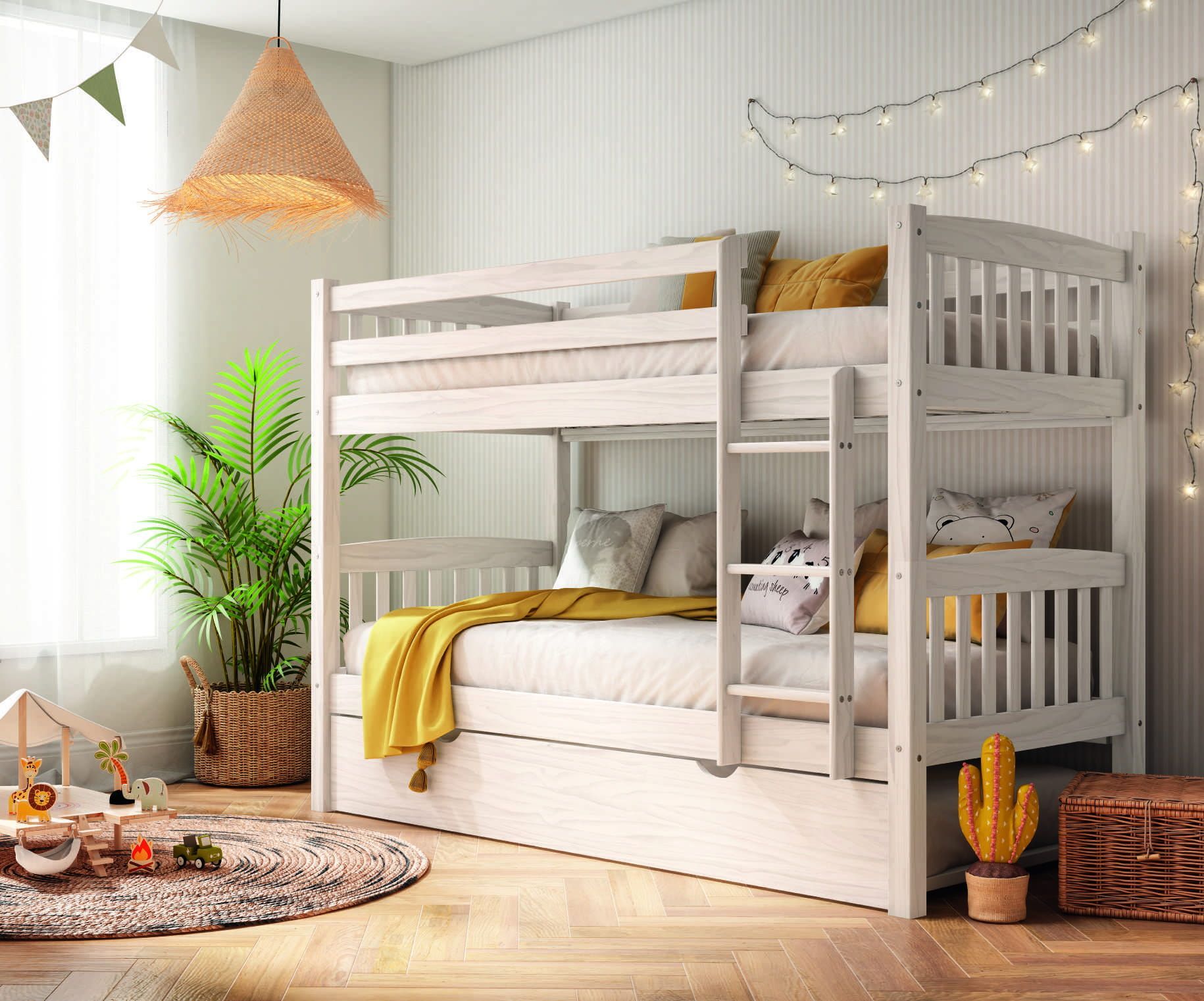 Litera madera de pino color decapé con cama de arrastre