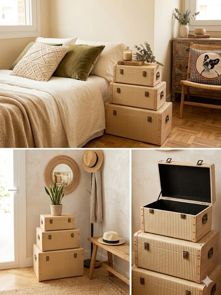 Set de 3 baúles de madera natural apilados para almacenaje y decoración.