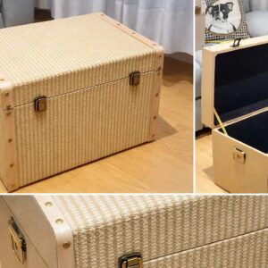 Set de 3 baúles de madera natural apilados para almacenaje y decoración.