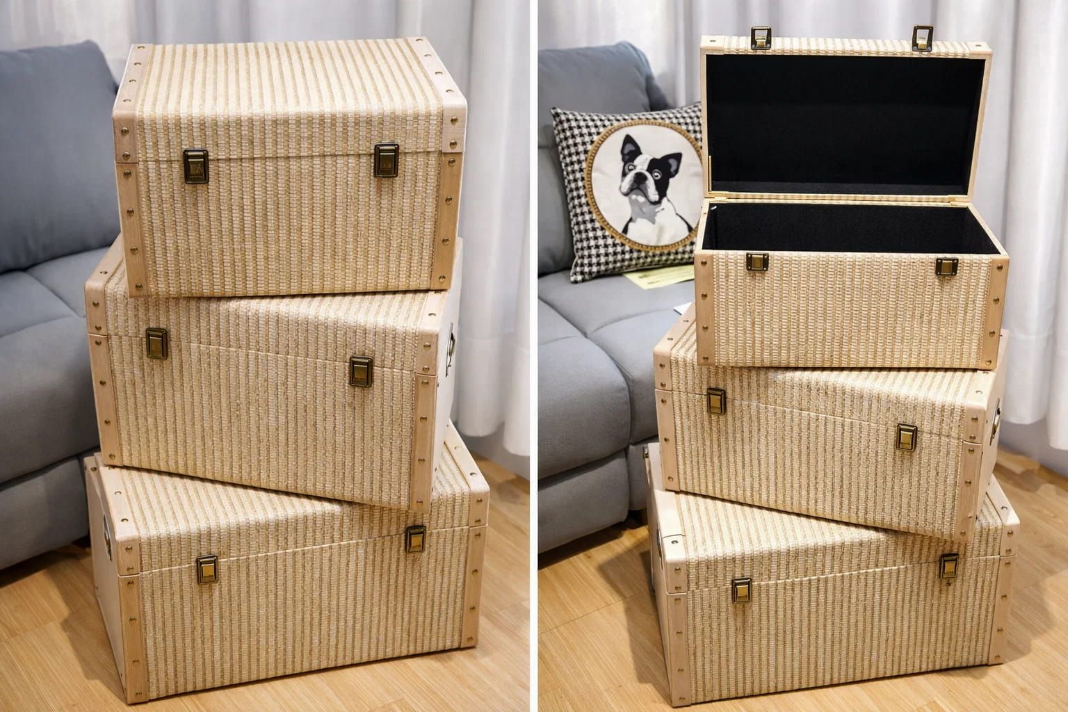 Set de 3 baúles de madera natural apilados para almacenaje y decoración.