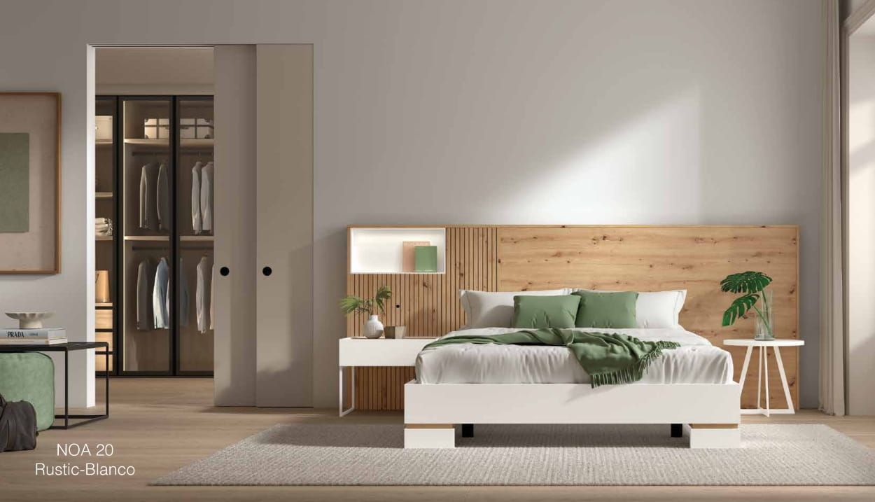 Dormitorio noa roble y blanco con mesillas patas altas metal blanco
