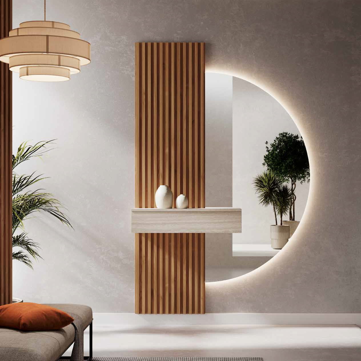 Mueble para el recibidor con un gran espejo semicircular con iluminación led junto a un panel decorativo de listones verticales y con un cajón repisa